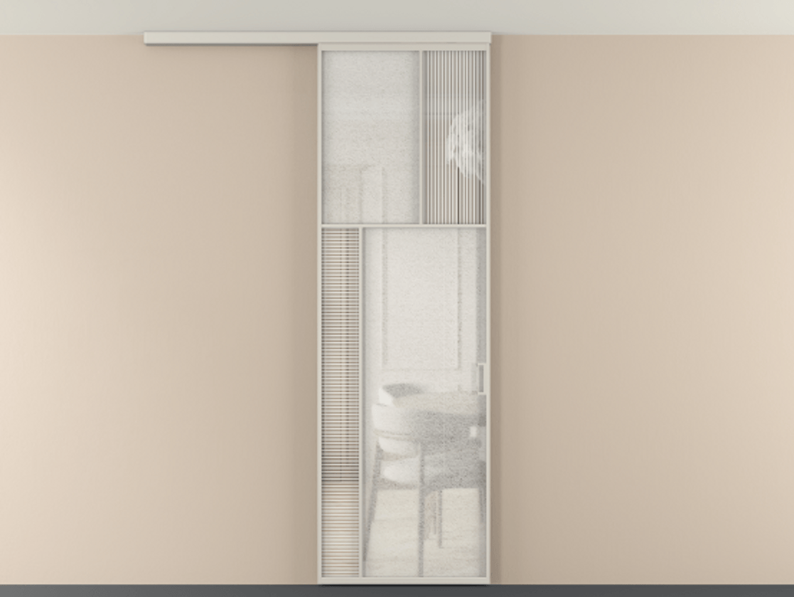 Перегородка Мозаик вдоль стены на потолок 1 створка АЛПР 041.22 Алюминий облачно-серый Рифлёное стекло "Дюна", триплекс, 6 мм + Фактурное стекло "Лёд", триплекс Цена 208270 сом | Volhovec