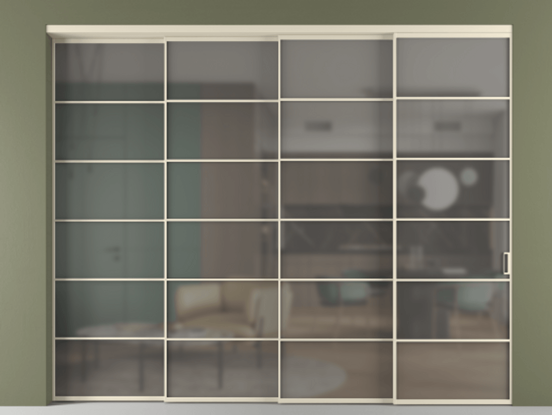 Перегородка Формато внутри проёма 4 створки с синхронным механизмом АЛПР 040.04 Алюминий бежево-серый Сатинированное серое стекло, триплекс. Цена 711520 сом 1. Полотно 4 шт. (800/2100 мм)
2. Комплект установки раздвижной системы
3. Базовый комплект фурнитуры
4. Комплект фурнитуры телескопик синхро-3
5. Ручка Рондо. Фабрика дверей Волховец 8 (800) 551 43 19 Перегородка Формато внутри проёма 4 створки с синхронным механизмом АЛПР 040.04 Алюминий бежево-серый Сатинированное серое стекло, триплекс Цена 711520 сом | Volhovec