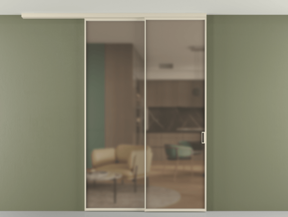 Перегородка Формато вдоль стены на потолок 2 створки с синхронным механизмом АЛПР 040.01 Алюминий бежево-серый Сатинированное бронзовое стекло, триплекс Цена 435550 сом | Volhovec