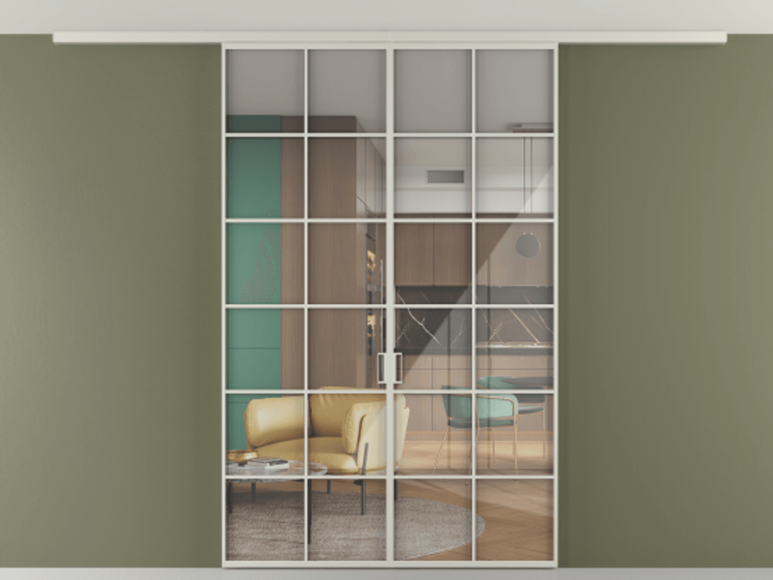 Перегородка Формато вдоль стены на потолок 2 створки АЛПР 040.05 Алюминий тёплый серый Рефлективное прозрачное стекло "Стопсол", калёное Цена 380130 сом | Volhovec