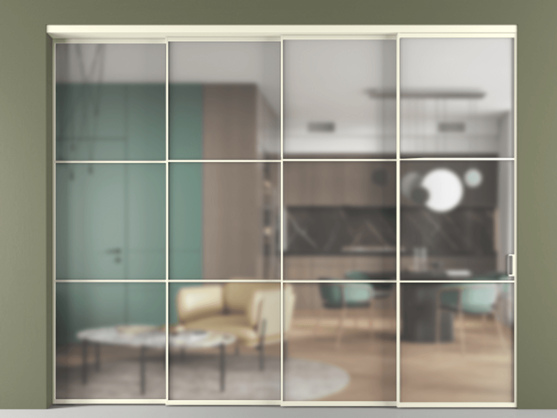 Перегородка Формато внутри проёма 4 створки с синхронным механизмом АЛПР 040.03 Алюминий молочно-белый Сатинированное стекло "Мателюкс Кристал Вижн", калёное, матовое, каленое 6 мм Цена 809240 сом | Volhovec