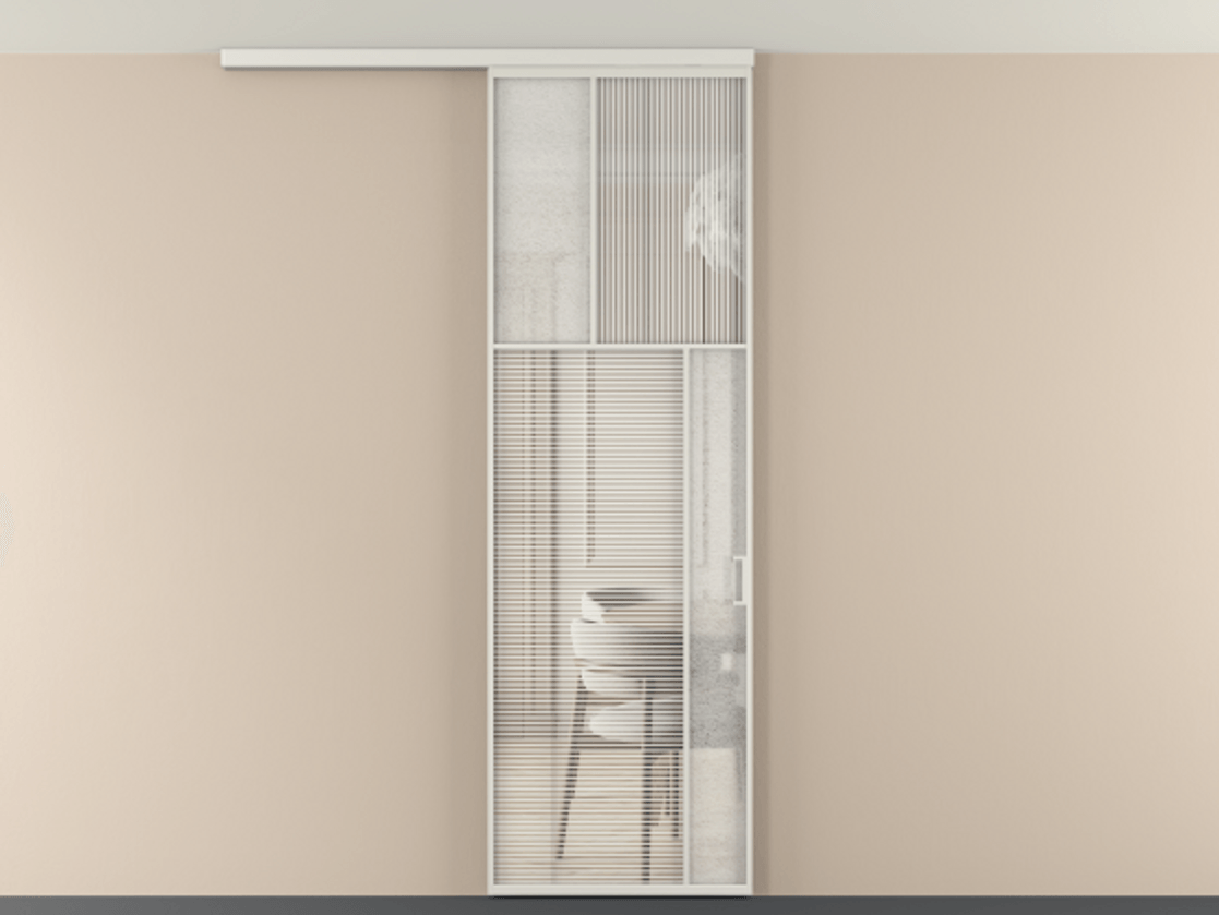 Перегородка Мозаик вдоль стены на потолок 1 створка АЛПР 041.23 Алюминий серый Рифлёное стекло "Дюна", триплекс, 6 мм + Фактурное стекло "Лёд", триплекс Цена 208270 сом | Volhovec