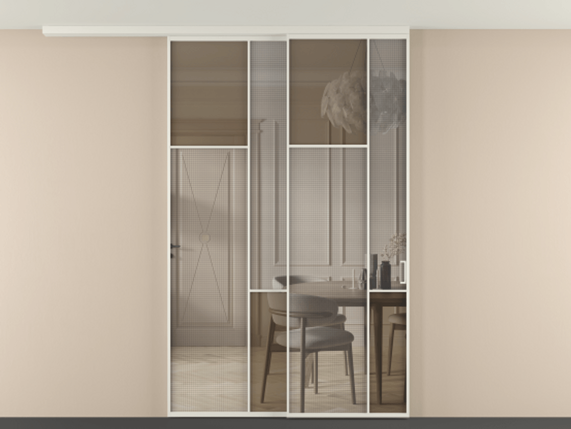 Перегородка Mosaic вдоль стены телескопик синхро-2 АЛПР 041.10 Алюминий Белый Mesh silver + Бронза прозрачное триплекс Цена 437030 сом | Volhovec