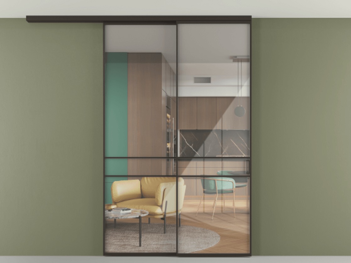 Перегородка Формато вдоль стены на потолок 2 створки с синхронным механизмом АЛПР 040.02 Алюминий антрацит Рефлективное прозрачное стекло "Стопсол", калёное Цена 423370 сом | Volhovec