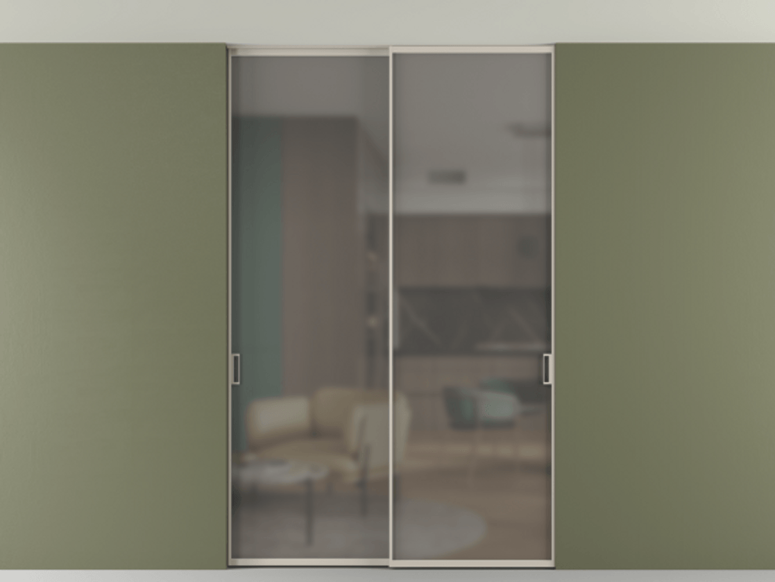 Перегородка Формато внутри проёма скрытое крепление в потолок 2 створки АЛПР 040.01 Алюминий светло-бежевый Сатинированное серое стекло, триплекс Цена 359590 сом | Volhovec