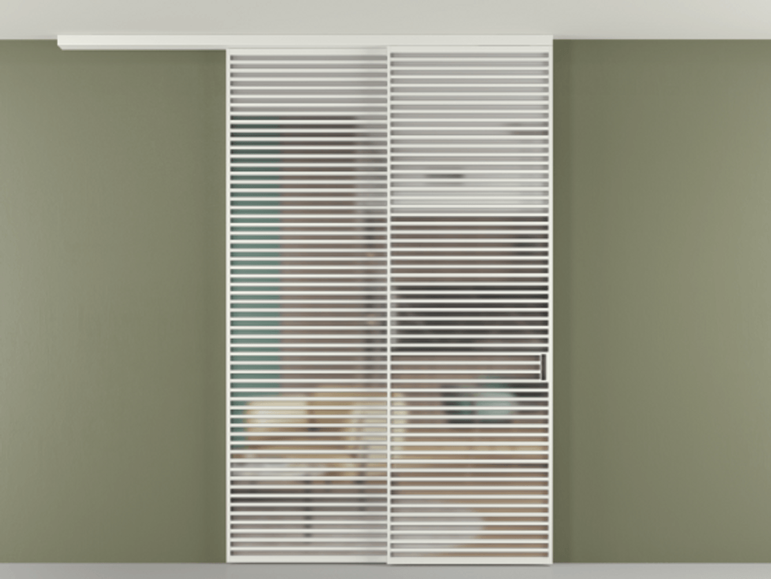 Перегородка Формато вдоль стены на потолок 2 створки с синхронным механизмом АЛПР 040.07 Алюминий светло-серый Сатинированное стекло "Мателюкс Кристал Вижн", калёное, матовое, каленое 6 мм Цена 790050 сом | Volhovec