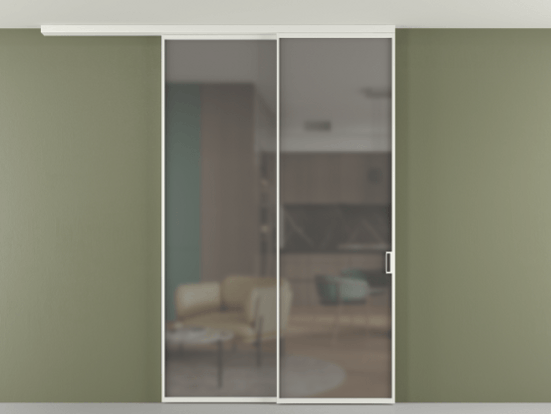 Перегородка Формато вдоль стены на потолок 2 створки с синхронным механизмом АЛПР 040.01 Алюминий светло-серый Сатинированное серое стекло, триплекс Цена 435550 сом | Volhovec