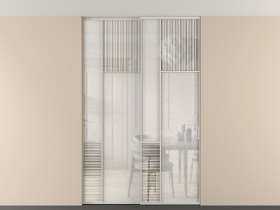 Перегородка Мозаик внутри проёма скрытое крепление в потолок 2 створки АЛПР 041.11 Алюминий тёплый серый Рифлёное стекло "Дюна", триплекс, 6 мм + Фактурное стекло "Лёд", триплекс Цена 495880 сом | Volhovec