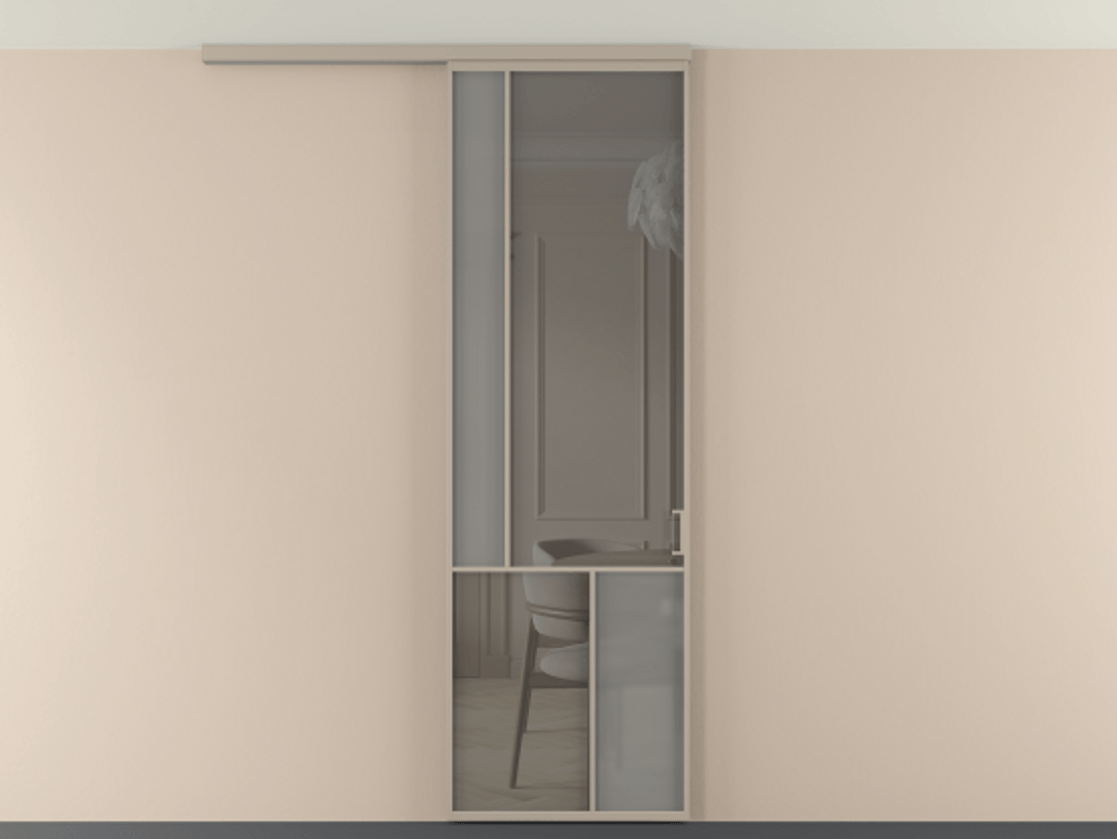 Перегородка Мозаик вдоль стены на потолок 1 створка АЛПР 041.20 Алюминий бисквитный Сатинированное серое стекло, триплекс, 6 мм + Прозрачное серое стекло, триплекс Цена 196620 сом | Volhovec