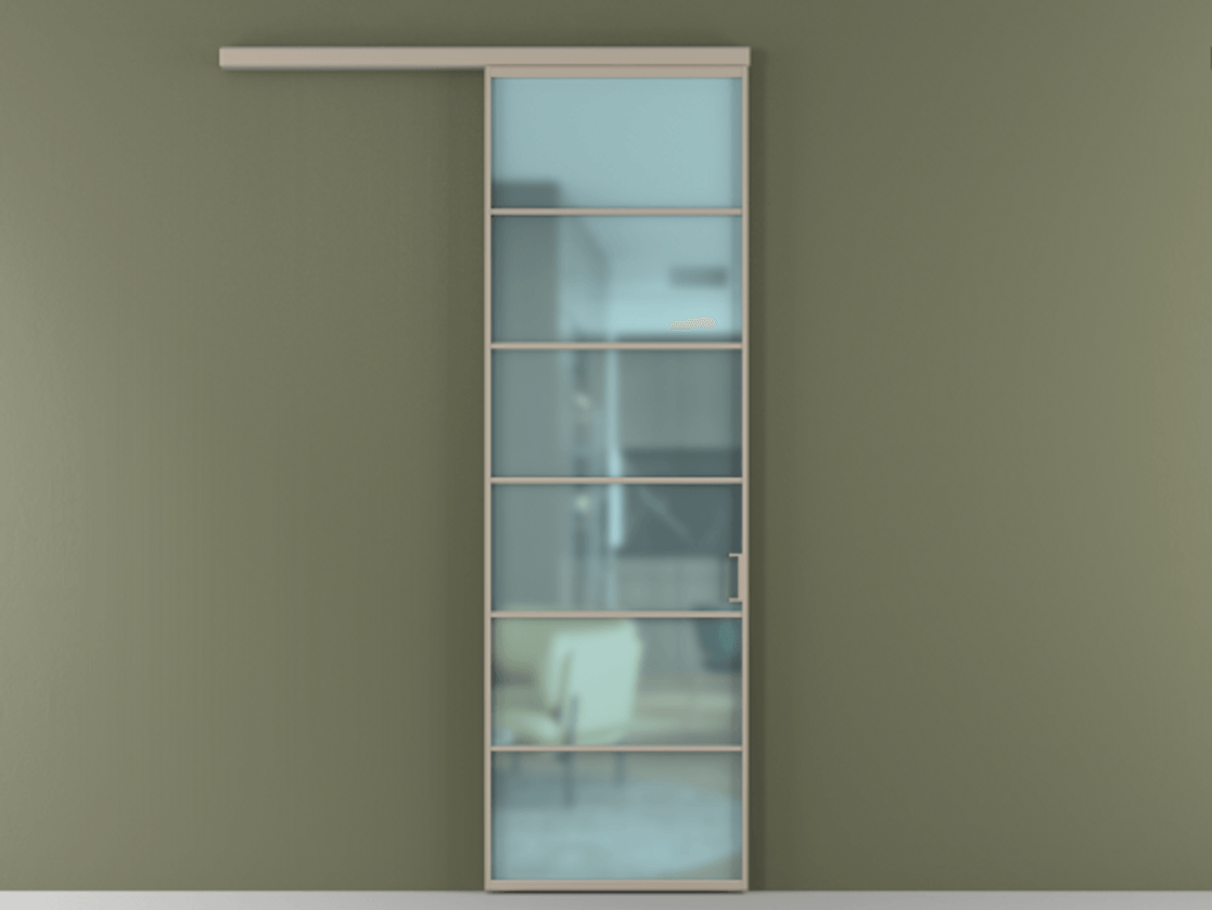 Перегородка Формато вдоль стены 1 створка АЛПР 040.04 Алюминий бисквитный Сатинированное голубое стекло, триплекс Цена 163540 сом  | Volhovec