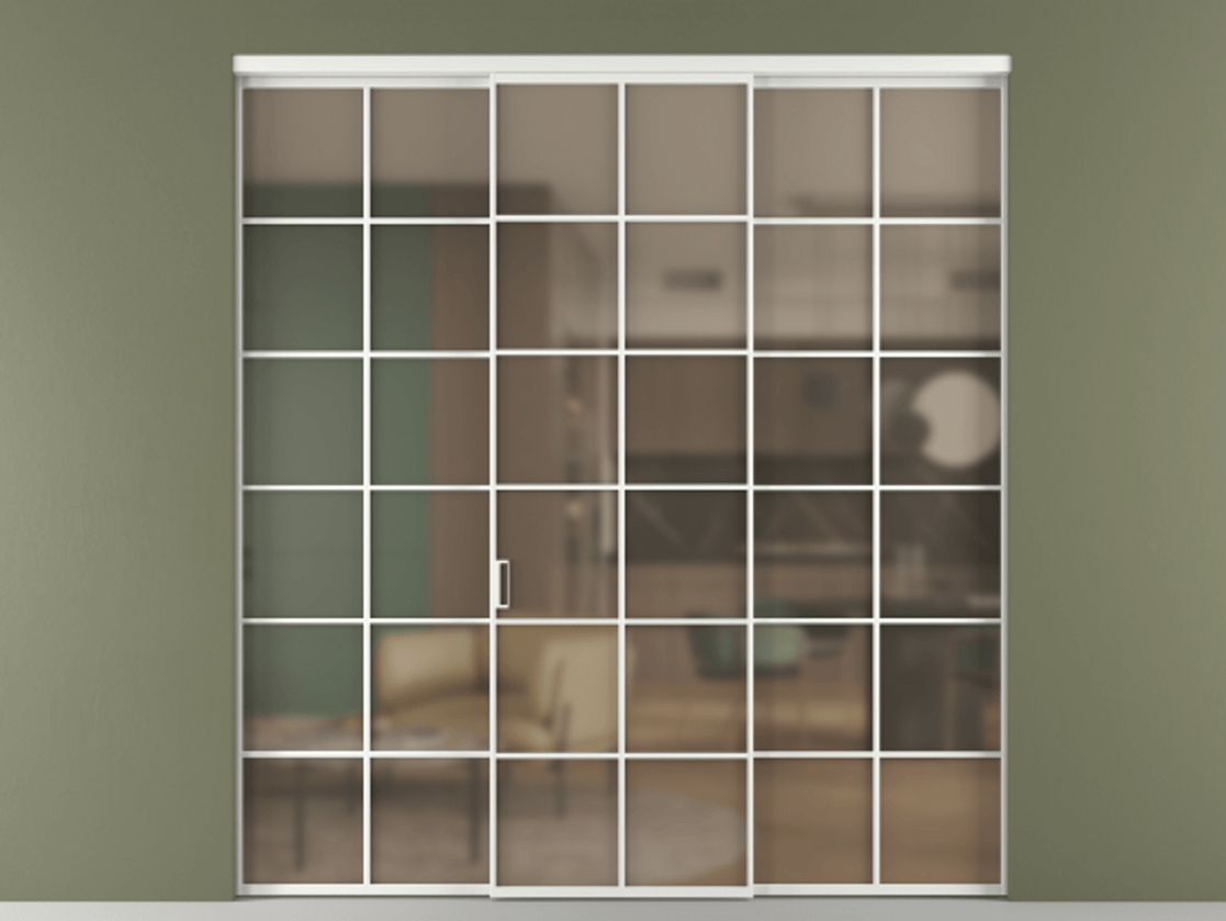 Перегородка Формато внутри проёма 3 створки АЛПР 040.05 Алюминий белоснежный Сатинированное бронзовое стекло, триплекс Цена 371030 сом | Volhovec