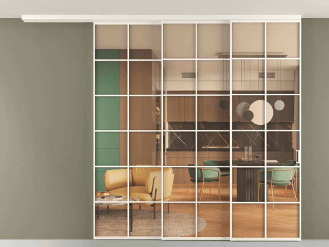 Перегородка Formato вдоль стены на потолок 3 створки с синхронным механизмом АЛПР 040.05 Алюминий пудровый белый Прозрачное оранжевое стекло, триплекс Цена 686750 сом | Volhovec