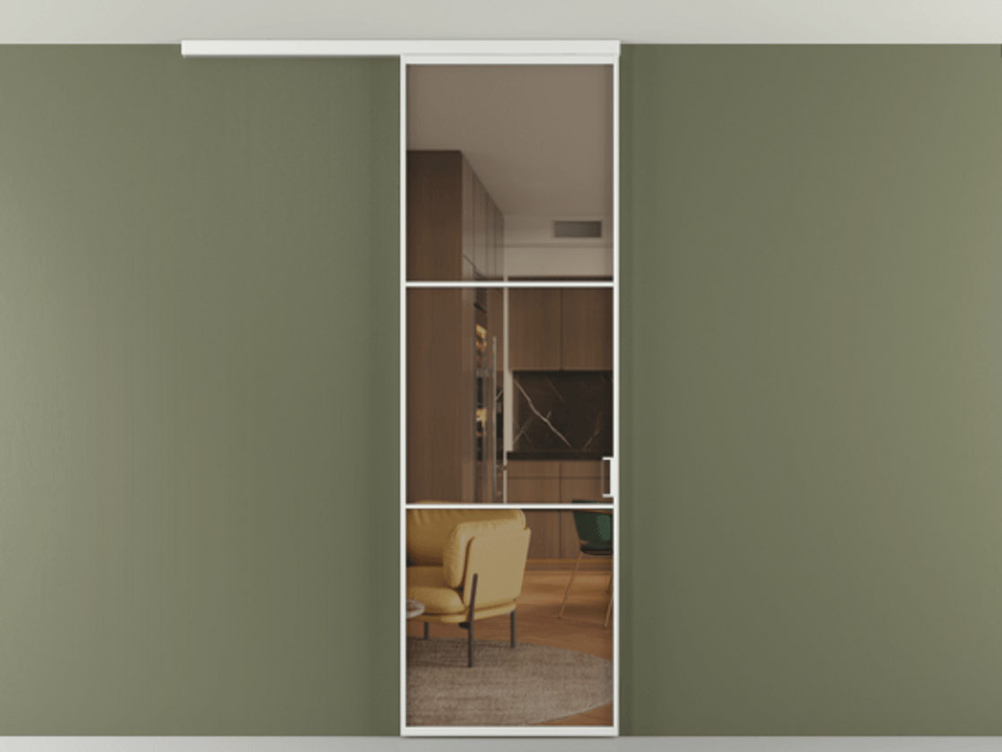 Перегородка Формато вдоль стены на потолок 1 створка АЛПР 040.03 Алюминий белоснежный Прозрачное бронзовое стекло, триплекс Цена 141030 сом | Volhovec