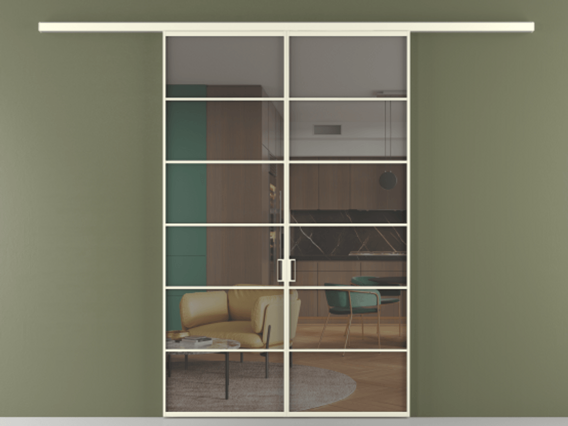 Перегородка Формато вдоль стены 2 створки АЛПР 040.04 Алюминий молочно-белый Прозрачное серое стекло, триплекс Цена 301610 сом | Volhovec