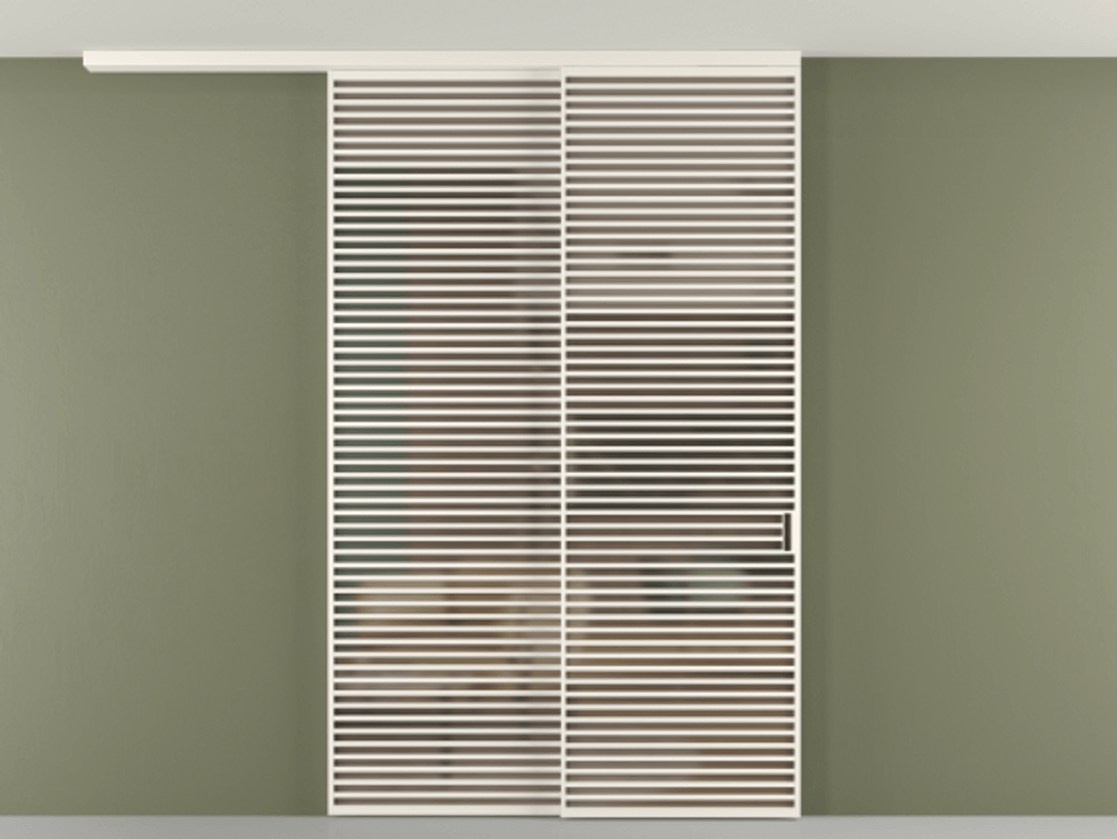 Перегородка Формато вдоль стены на потолок 2 створки с синхронным механизмом АЛПР 040.07 Алюминий пудровый белый Сатинированное бронзовое стекло, триплекс Цена 766760 сом | Volhovec