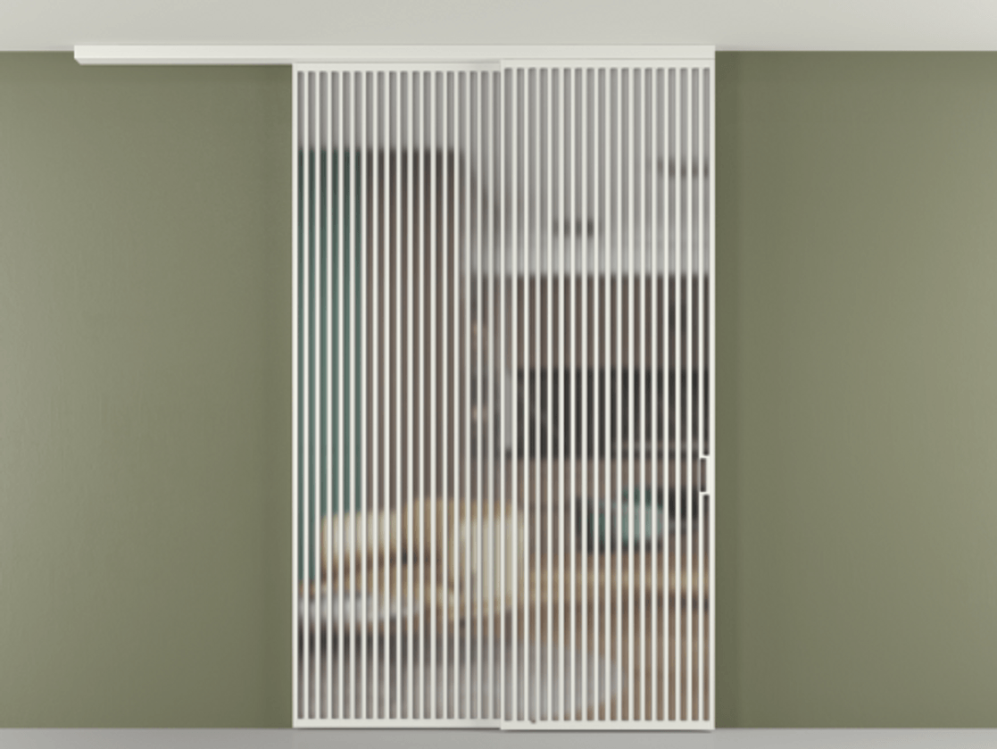 Перегородка Формато вдоль стены на потолок 2 створки с синхронным механизмом АЛПР 040.06 Алюминий светло-серый Сатинированное стекло "Мателюкс Кристал Вижн", калёное, матовое, каленое 6 мм Цена 790050 сом | Volhovec