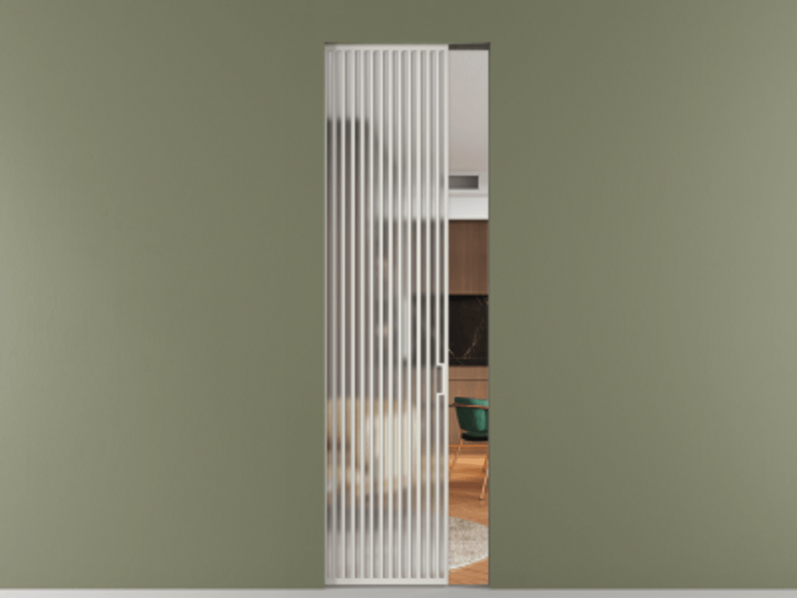 Перегородка Формато скрытый пенал 1 створка АЛПР 040.06 Алюминий Белый Сатинированное стекло "Мателюкс Кристал Вижн", калёное, матовое, каленое 6 мм Цена 340030 сом | Volhovec