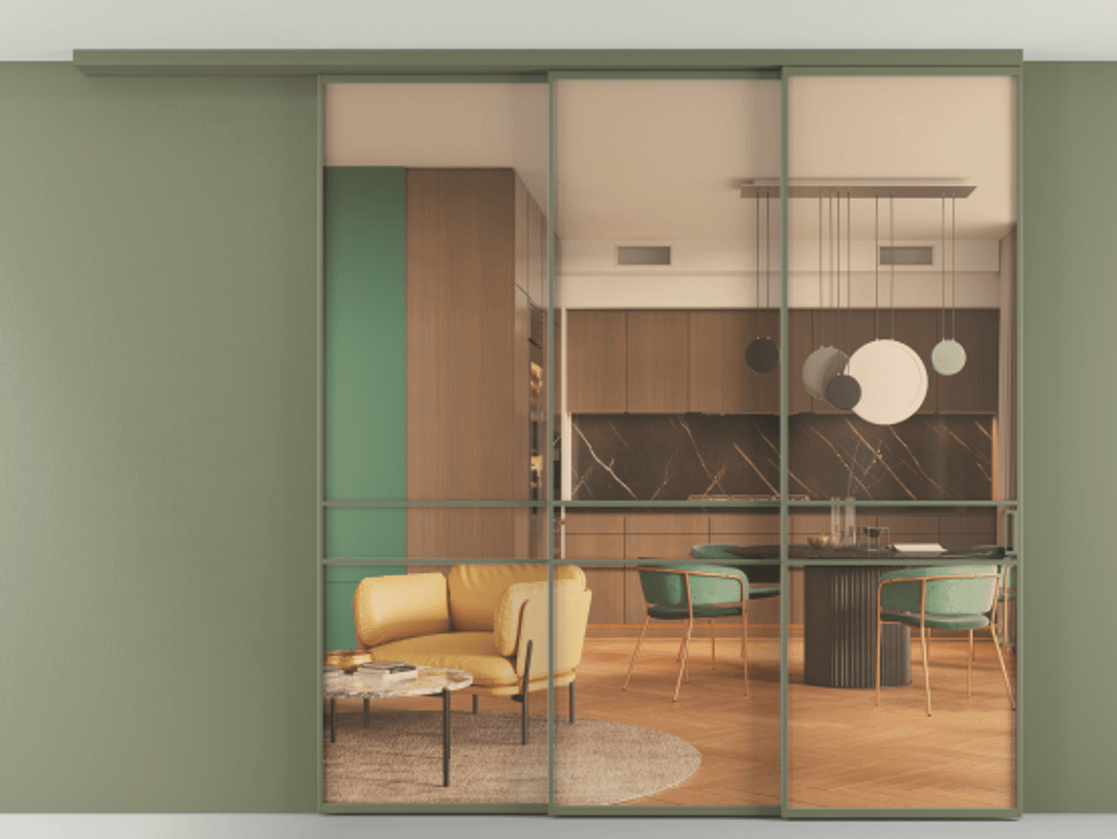 Перегородка Formato вдоль стены на потолок 3 створки с синхронным механизмом АЛПР 040.02 Алюминий оливковый тёмный Прозрачное оранжевое стекло, триплекс Цена 577110 сом | Volhovec