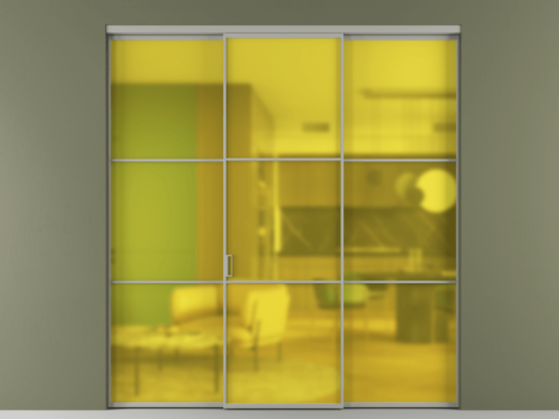 Перегородка Формато внутри проёма 3 створки АЛПР 040.03 Алюминий нейтральный серый Сатинированное жёлтое стекло, триплекс Цена 345470 сом | Volhovec