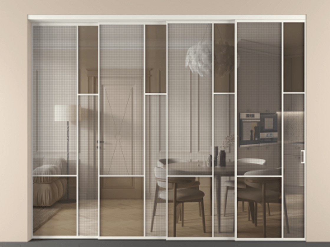 Перегородка Mosaic внутри проема телескопик синхро-4 АЛПР 041.12 Алюминий Белый Mesh silver + Бронза прозрачное триплекс Цена 789910 сом | Volhovec