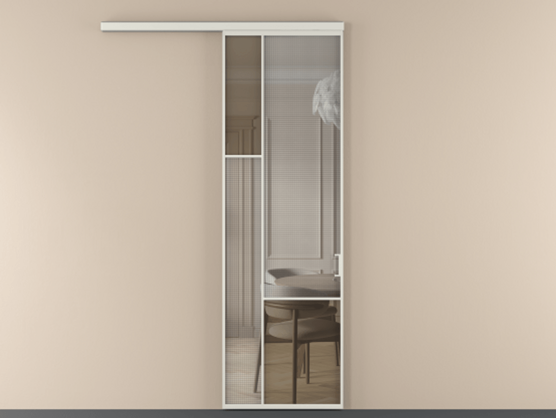 Перегородка Mosaic вдоль стены 1 створка АЛПР 041.13 Алюминий серый Декоративное стекло с сеткой "Mesh silver", триплекс, 6 мм + Прозрачное бронзовое стекло, триплекс Цена 208250 сом | Volhovec