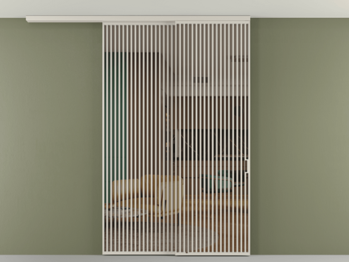 Перегородка Формато вдоль стены на потолок 2 створки с синхронным механизмом АЛПР 040.06 Алюминий облачно-серый Прозрачное бронзовое стекло, триплекс Цена 655860 сом | Volhovec