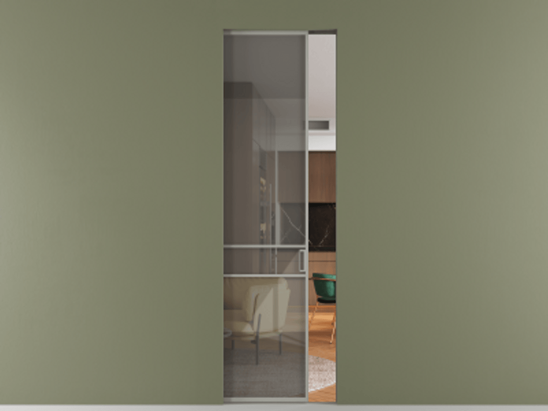 Перегородка Formato скрытый пенал 1 створка АЛПР 040.02 Алюминий нейтральный серый Рефлективное серое стекло "Stopsol", калёное Цена 259750.4 сом | Volhovec