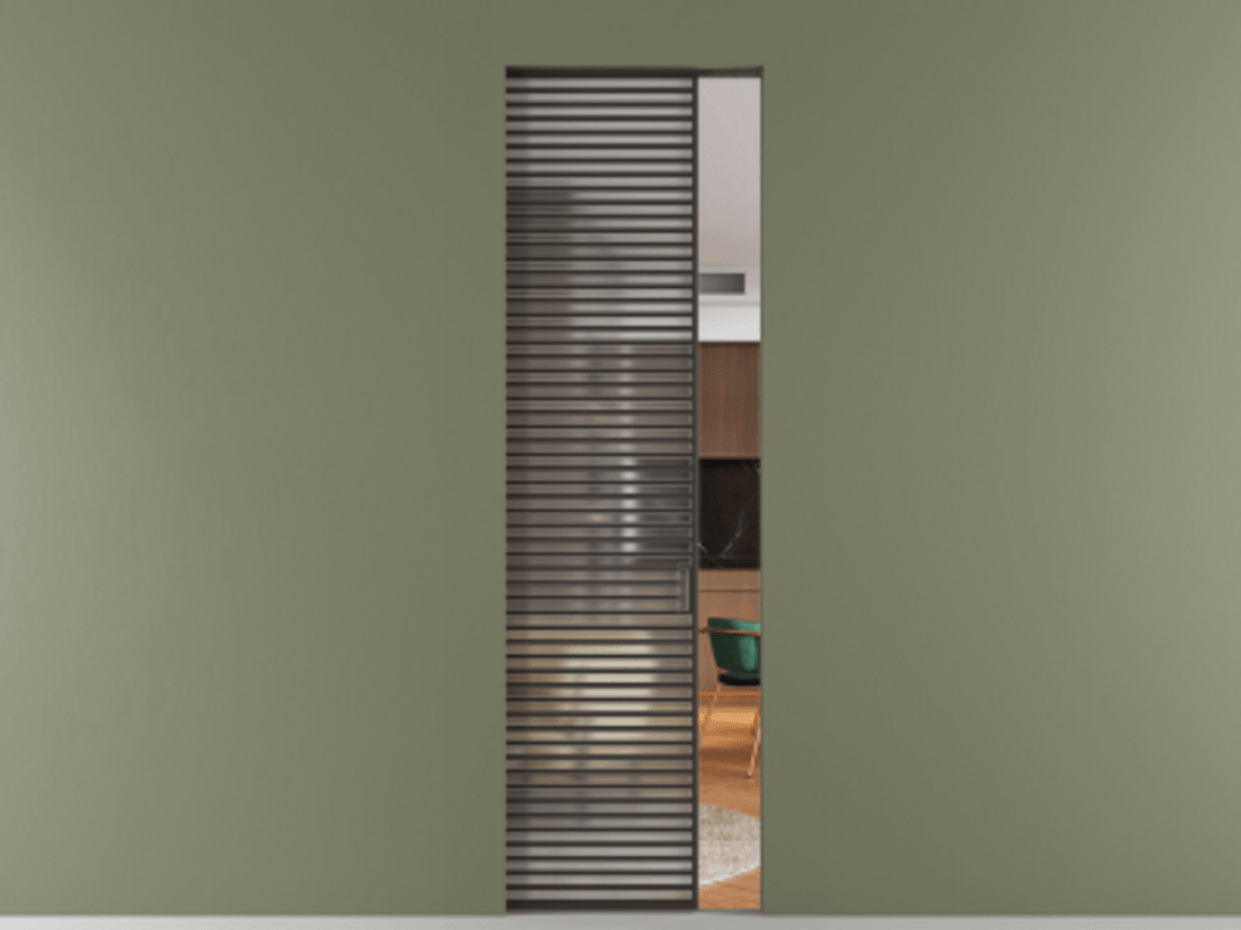 Перегородка Формато скрытый пенал 1 створка АЛПР 040.07 Алюминий антрацит Сатинированное стекло "Мателюкс Кристал Вижн", калёное, матовое, каленое 6 мм Цена 349700 сом | Volhovec