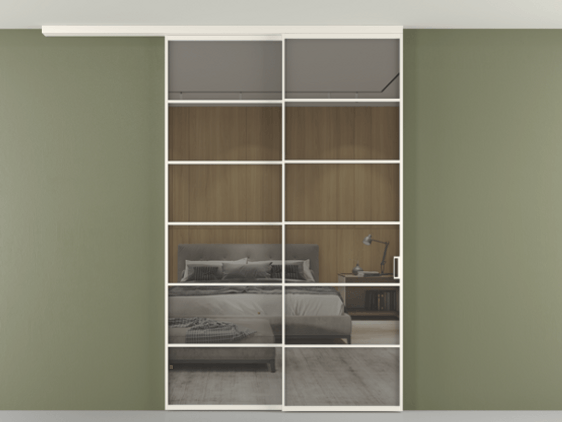 Перегородка Формато вдоль стены на потолок 2 створки с синхронным механизмом АЛПР 040.04 Алюминий пудровый белый Рефлективное серое стекло "Стопсол", калёное Цена 501130 сом | Volhovec