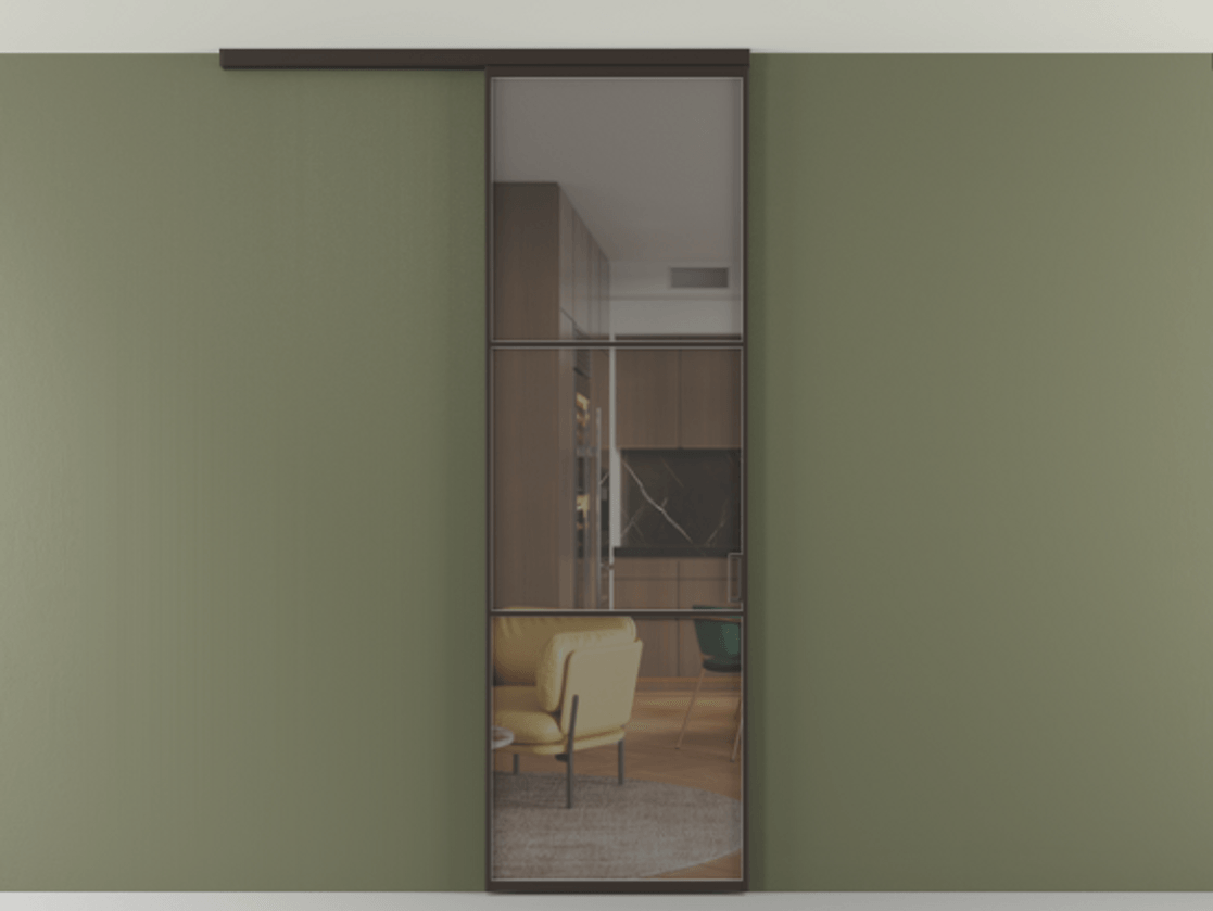 Перегородка Формато вдоль стены на потолок 1 створка АЛПР 040.03 Алюминий антрацит Прозрачное серое стекло, триплекс Цена 20500560 so'm | Volhovec