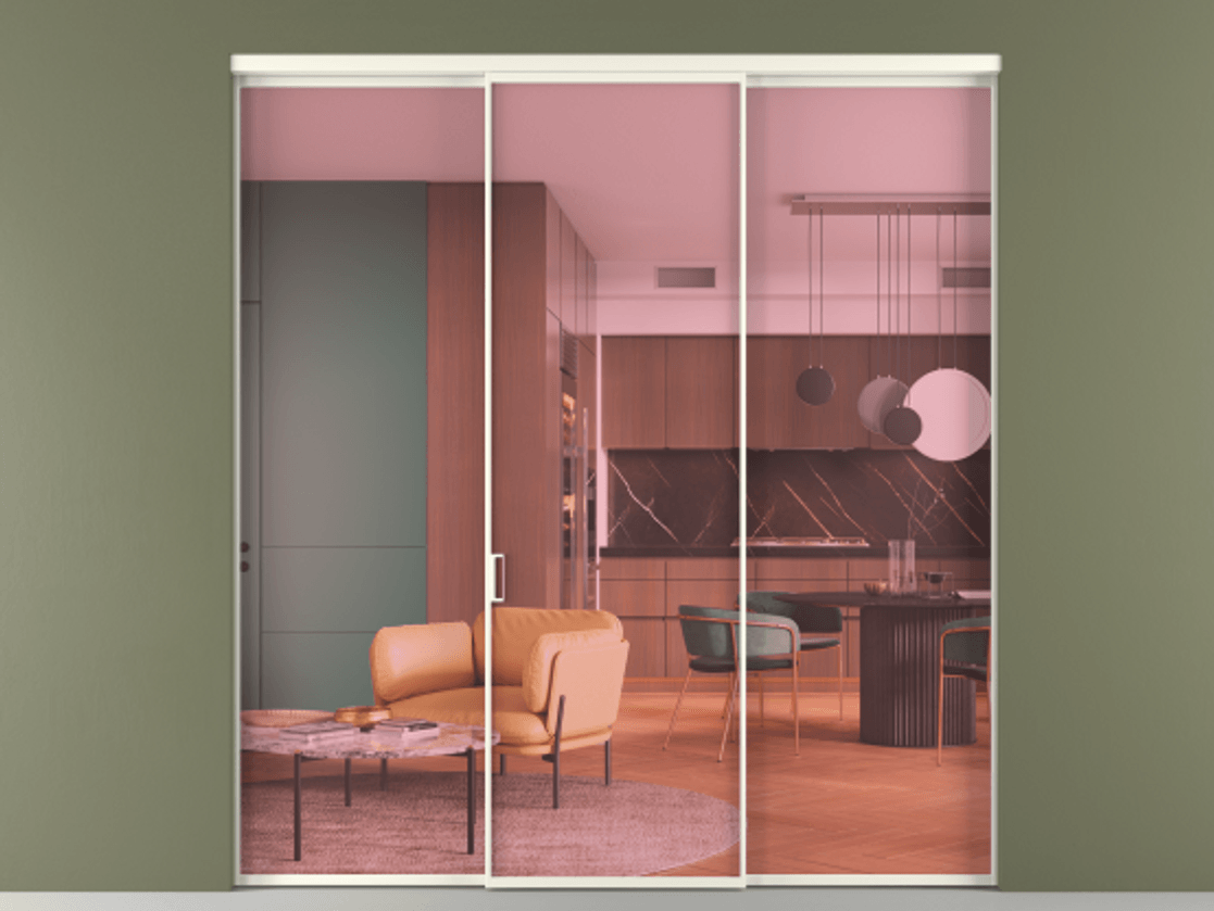 Перегородка Формато внутри проёма 3 створки АЛПР 040.01 Алюминий жемчужный Прозрачное розовое стекло, триплекс Цена 327780 сом | Volhovec