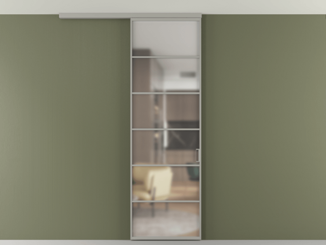 Перегородка Формато вдоль стены на потолок 1 створка АЛПР 040.04 Алюминий нейтральный серый Сатинированное стекло "Мателюкс Кристал Вижн", калёное, матовое, каленое 6 мм Цена 195240 сом | Volhovec