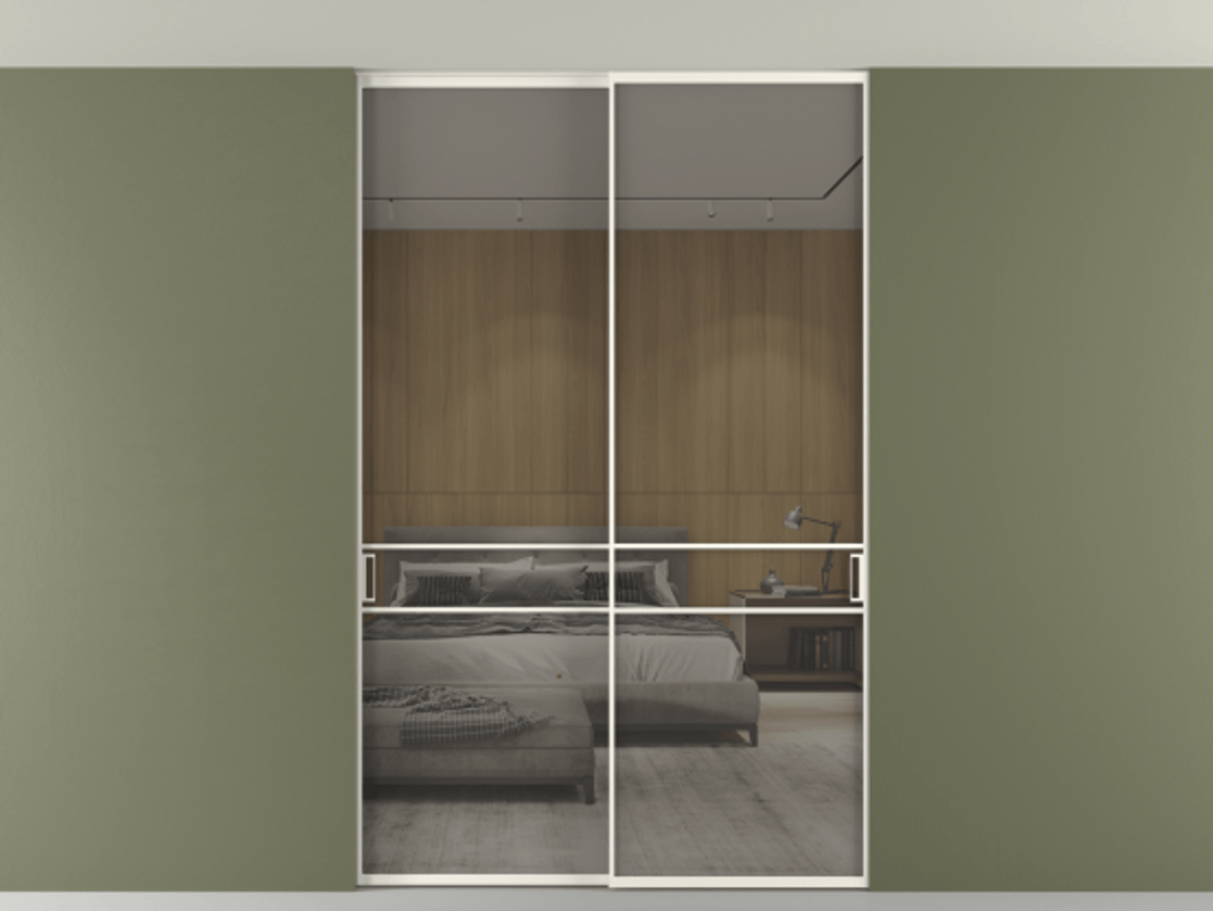 Перегородка Формато внутри проёма скрытое крепление в потолок 2 створки АЛПР 040.02 Алюминий пудровый белый Рефлективное серое стекло "Стопсол", калёное Цена 444840 сом | Volhovec