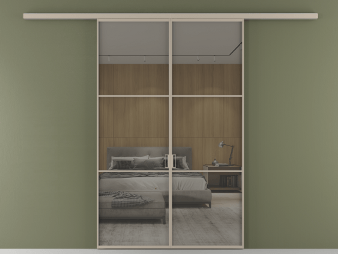 Перегородка Formato вдоль стены 2 створки АЛПР 040.03 Алюминий бисквитный Рефлективное серое стекло "Stopsol", калёное Цена 362540 сом | Volhovec