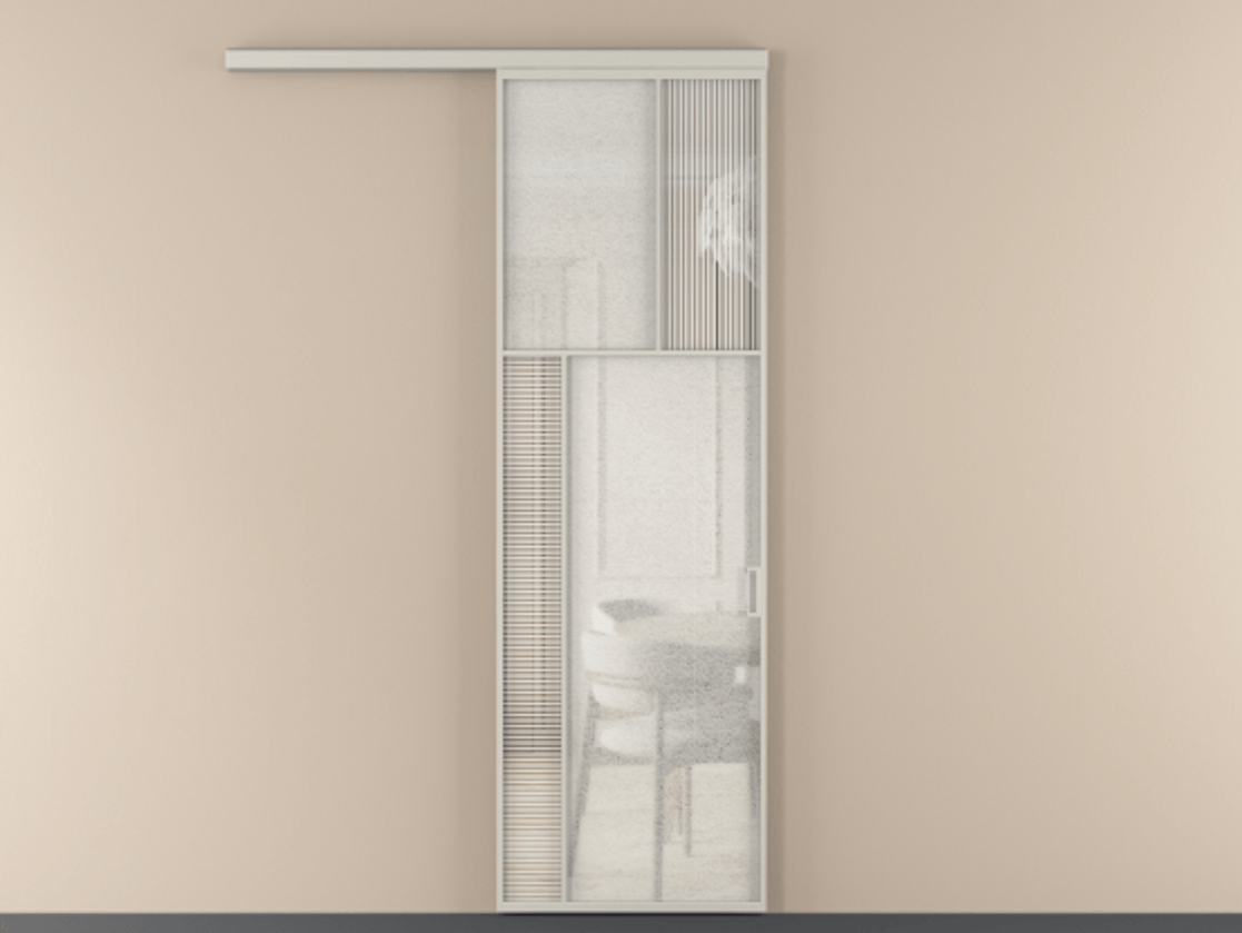 Перегородка Mosaic вдоль стены 1 створка АЛПР 041.22 Алюминий тёплый серый Рифлёное стекло "Дюна", триплекс, 6 мм + Фактурное стекло "Лёд", триплекс Цена 211160 сом | Volhovec