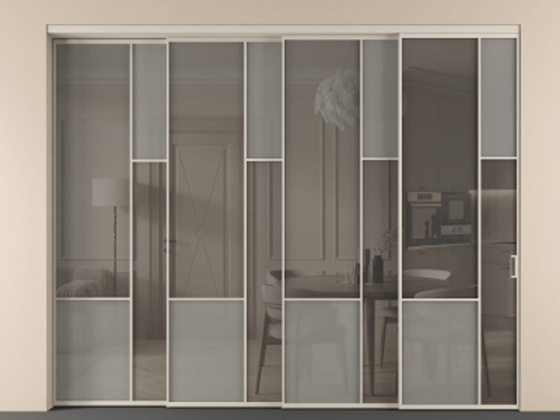 Перегородка Мозаик внутри проёма 4 створки с синхронным механизмом АЛПР 041.12 Алюминий светло-бежевый Сатинированное серое стекло, триплекс, 6 мм + Прозрачное серое стекло, триплекс Цена 855430 сом | Volhovec