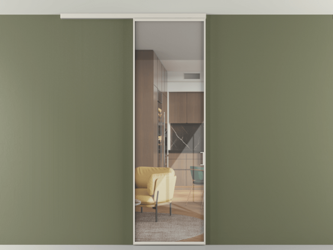 Перегородка Формато вдоль стены на потолок 1 створка АЛПР 040.01 Алюминий облачно-серый Рефлективное прозрачное стекло "Стопсол", калёное Цена 149440 сом | Volhovec