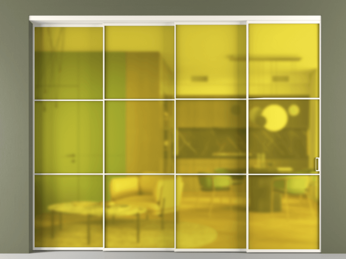 Перегородка Formato внутри проёма 4 створки с синхронным механизмом АЛПР 040.03 Алюминий пудровый белый Сатинированное жёлтое стекло, триплекс Цена 762650 сом | Volhovec