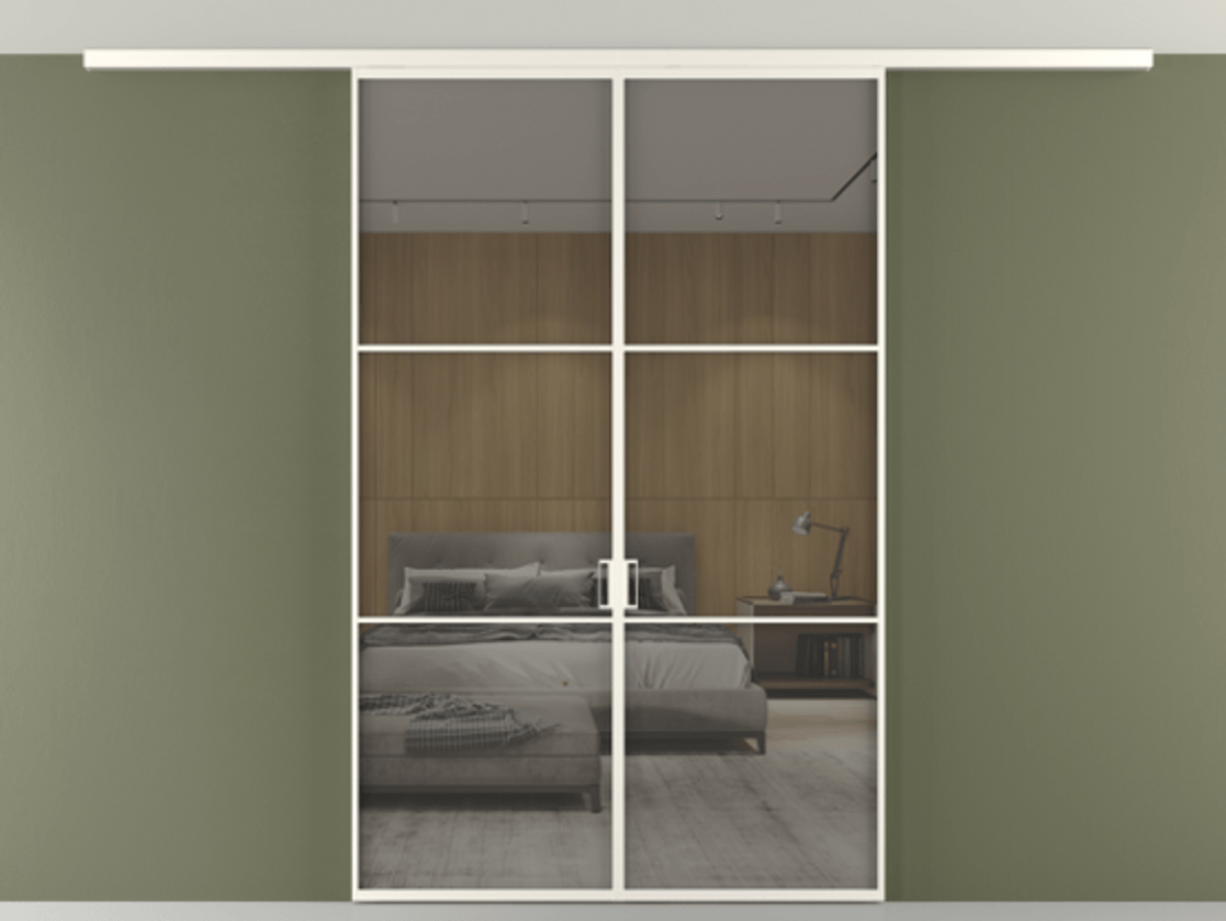 Перегородка Формато вдоль стены на потолок 2 створки АЛПР 040.03 Алюминий пудровый белый Рефлективное серое стекло "Стопсол", калёное Цена 355150 сом | Volhovec