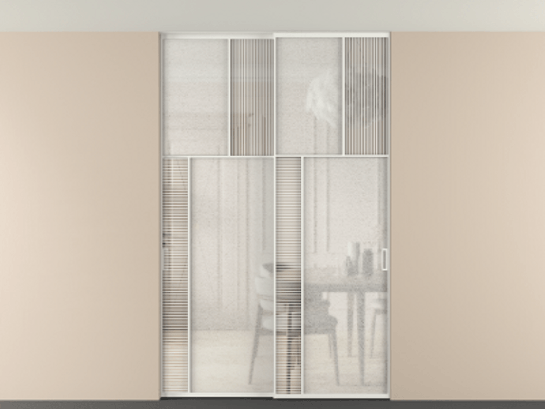 Перегородка Мозаик внутри проёма скрытое крепление в потолок 2 створки АЛПР 041.22 Алюминий светло-серый Рифлёное стекло "Дюна", триплекс, 6 мм + Фактурное стекло "Лёд", триплекс Цена 495880 сом | Volhovec