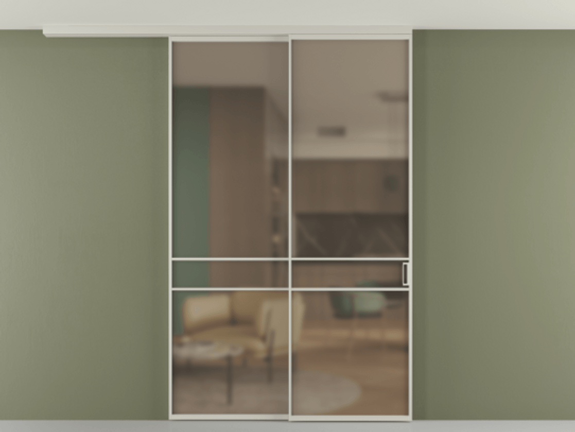 Перегородка Формато вдоль стены на потолок 2 створки с синхронным механизмом АЛПР 040.02 Алюминий тёплый серый Сатинированное бронзовое стекло, триплекс Цена 452850 сом | Volhovec