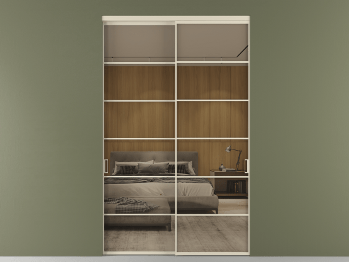 Перегородка Формато внутри проёма 2 створки АЛПР 040.04 Алюминий бежево-серый Рефлективное бронзовое стекло "Стопсол", калёное Цена 493900 ₽  | Volhovec