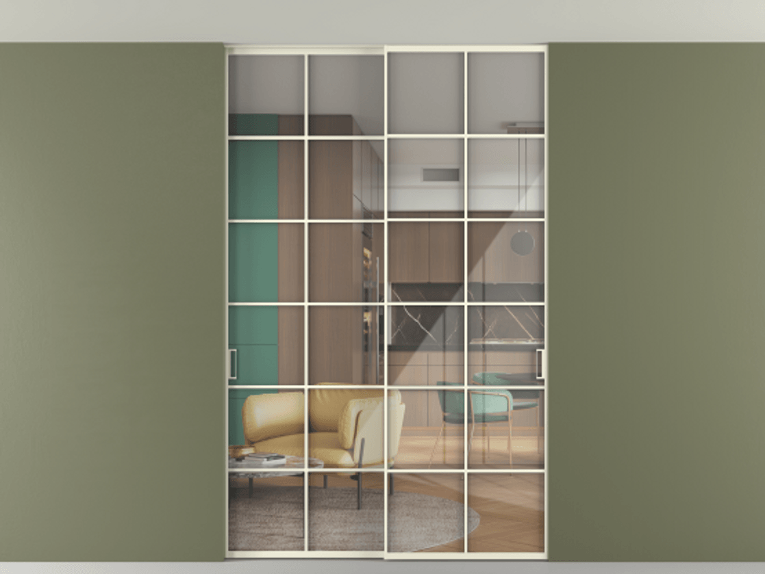 Перегородка Формато внутри проёма скрытое крепление в потолок 2 створки АЛПР 040.05 Алюминий молочно-белый Рефлективное прозрачное стекло "Стопсол", калёное Цена 469820 сом | Volhovec