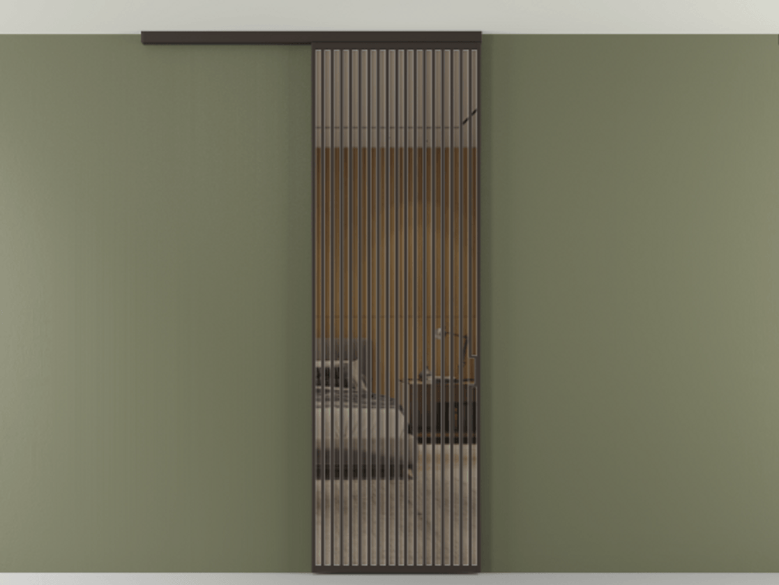 Перегородка Формато вдоль стены на потолок 1 створка АЛПР 040.06 Алюминий антрацит Рефлективное бронзовое стекло "Стопсол", калёное Цена 281920 сом | Volhovec