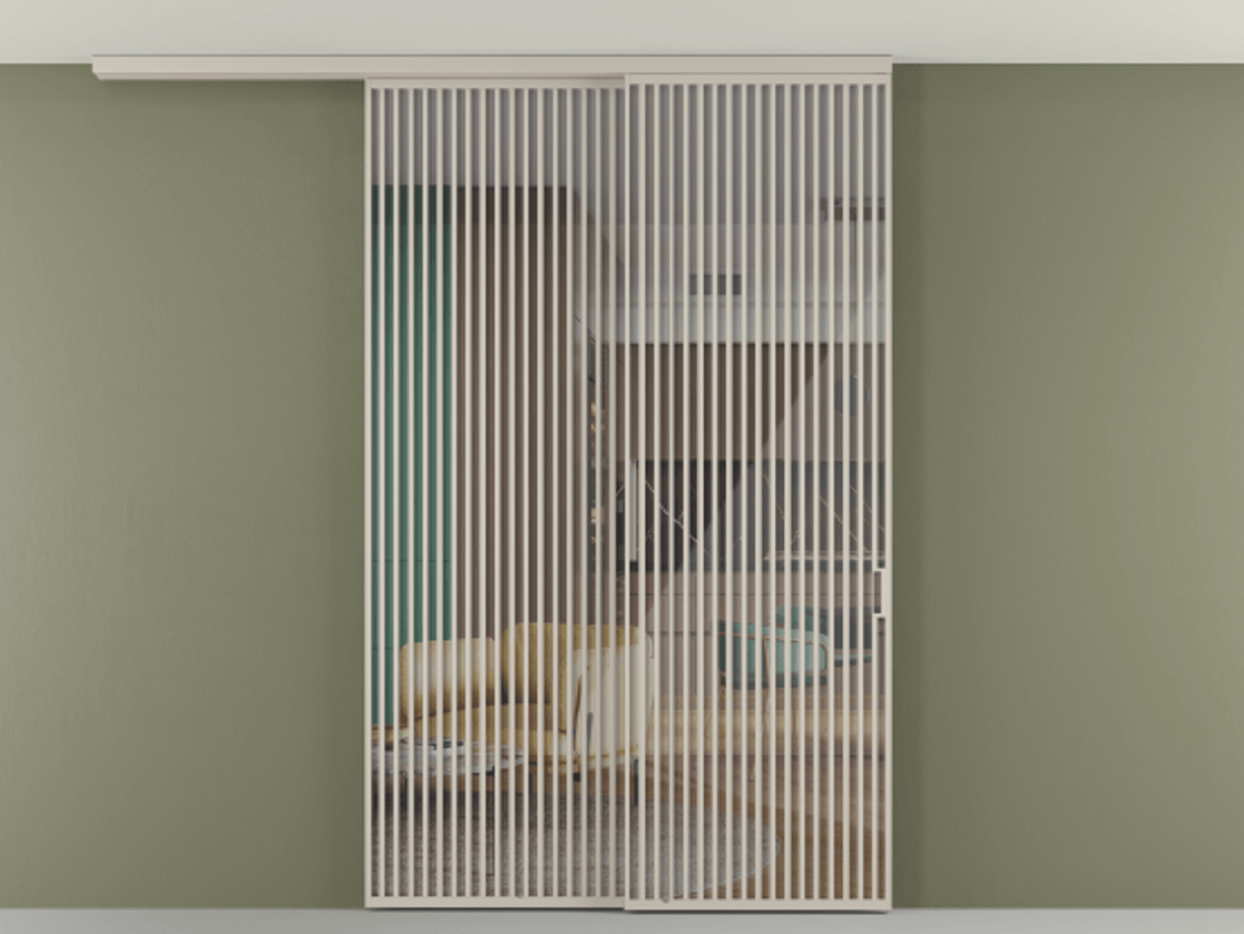 Перегородка Формато вдоль стены на потолок 2 створки с синхронным механизмом АЛПР 040.06 Алюминий светло-бежевый Рефлективное прозрачное стекло "Стопсол", калёное Цена 674501 сом | Volhovec