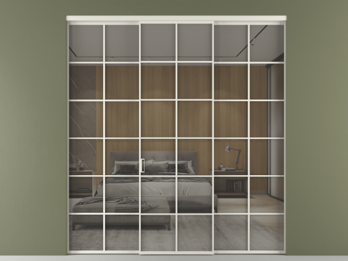 Перегородка Формато внутри проёма 3 створки АЛПР 040.05 Алюминий Белый Рефлективное серое стекло "Стопсол", калёное Цена 477280 сом | Volhovec