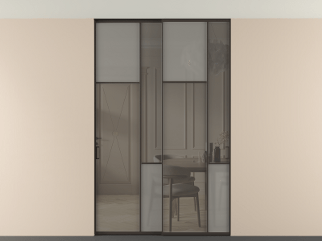 Перегородка Мозаик внутри проёма скрытое крепление в потолок 2 створки АЛПР 041.10 Алюминий антрацит Сатинированное серое стекло, триплекс, 6 мм + Прозрачное серое стекло, триплекс Цена 472590 сом | Volhovec