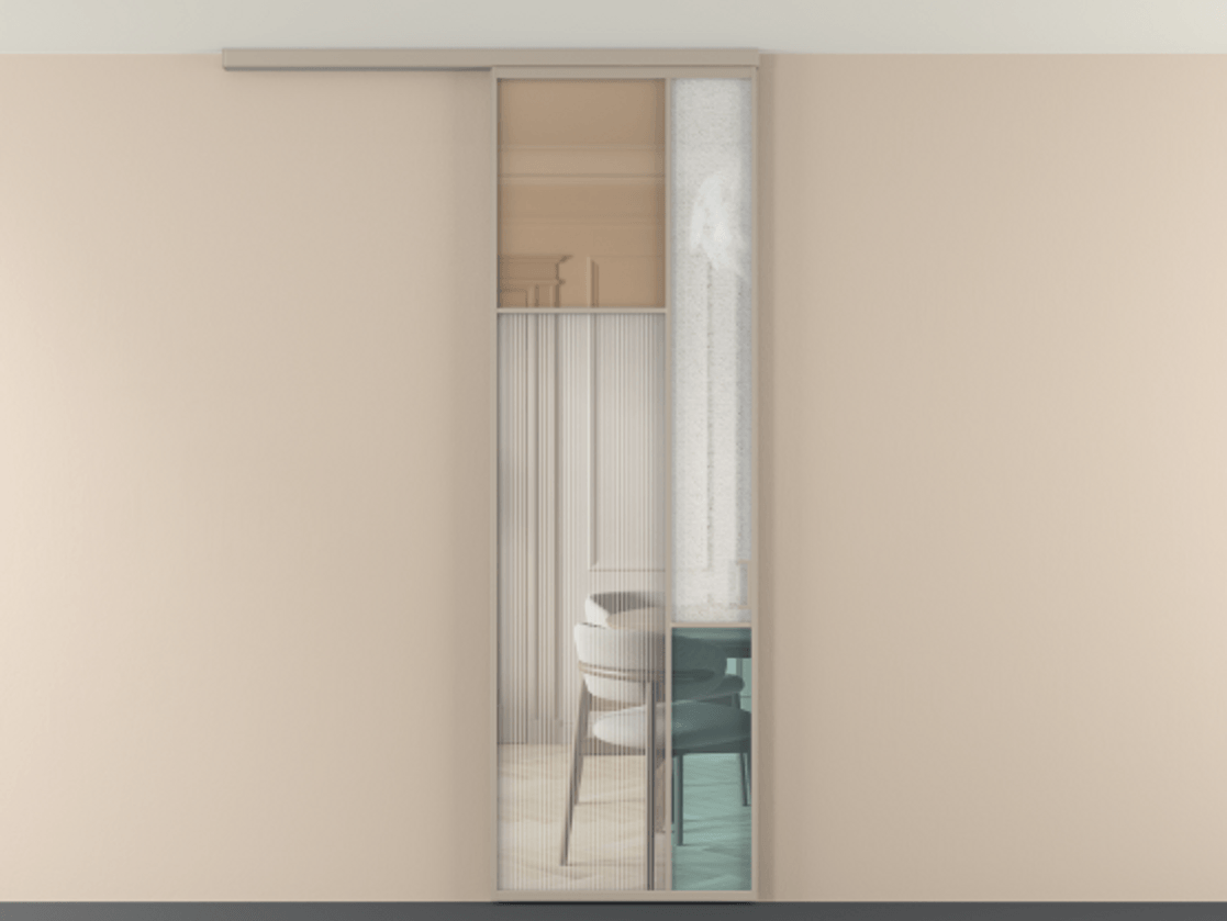 Перегородка Мозаик вдоль стены на потолок 1 створка АЛПР 041.10 Алюминий бисквитный Комбинация стекол Группы 1 и Группы 3 Цена 205350 сом | Volhovec