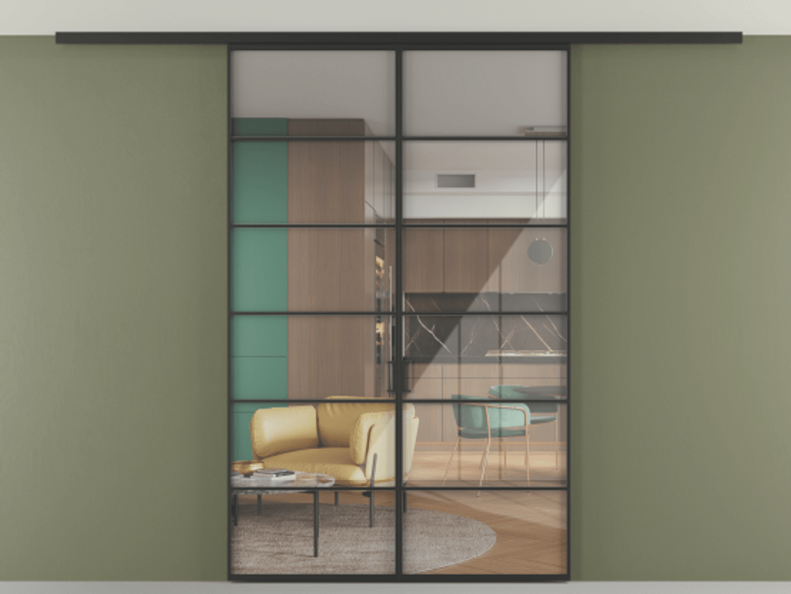 Перегородка Формато вдоль стены на потолок 2 створки АЛПР 040.04 Алюминий Черный Рефлективное прозрачное стекло "Стопсол", калёное Цена 365720 сом | Volhovec