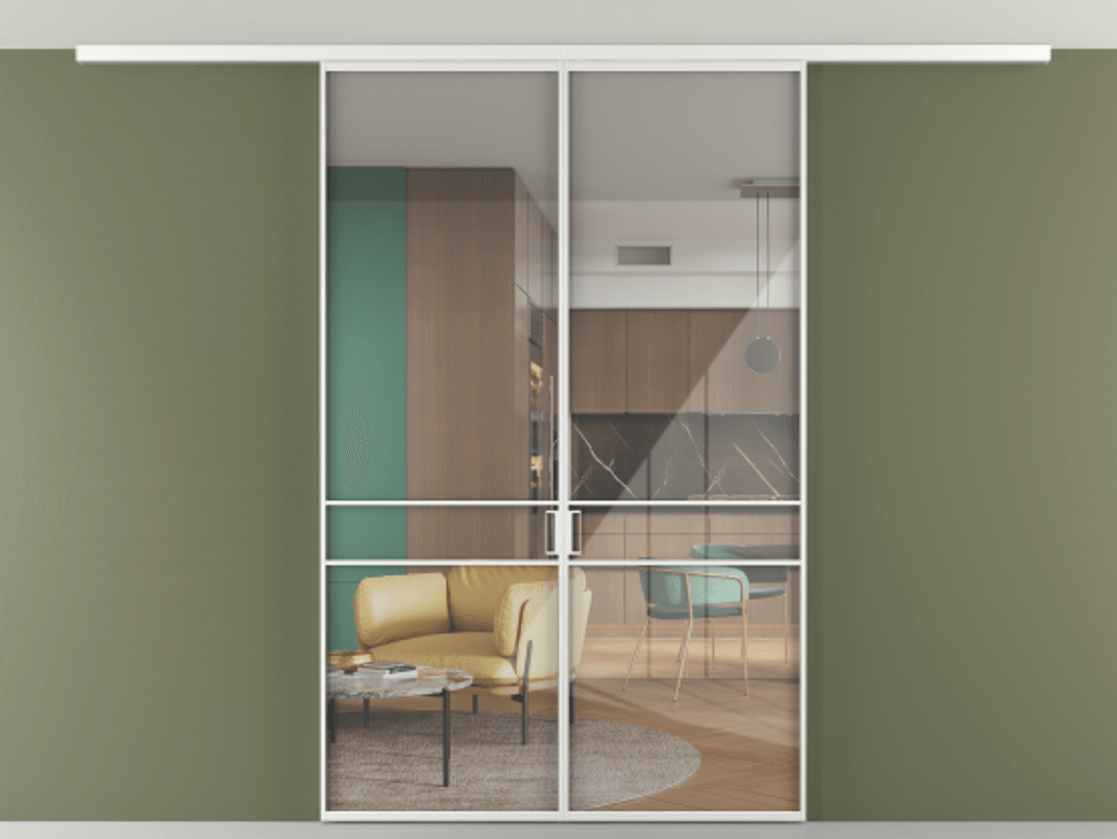 Перегородка Формато вдоль стены на потолок 2 створки АЛПР 040.02 Алюминий белоснежный Рефлективное прозрачное стекло "Стопсол", калёное Цена 302380 сом | Volhovec